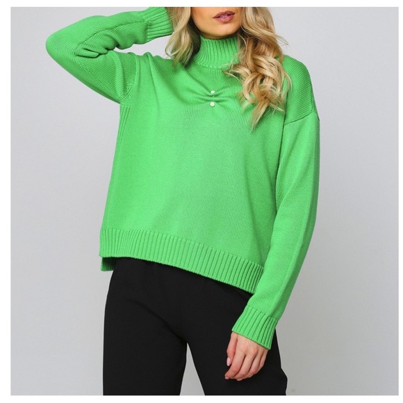 Ganni Green Barbell Pin-Embellished Merino Wool Turtleneck Sweater Size XXS/XS - Picture 1 of 16